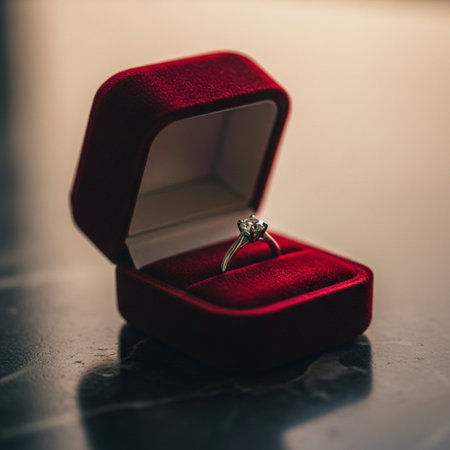 Wedding ring in a red box on a dark background.の素材