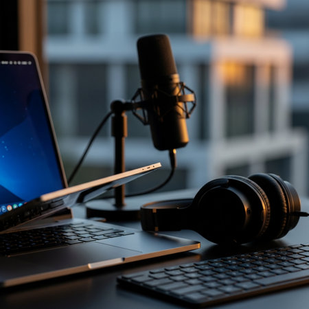 Laptop, headphones and microphone on a table in home office.の素材