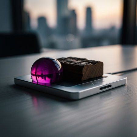 Laptop computer with pink glass ball on the table. 3d renderingの素材