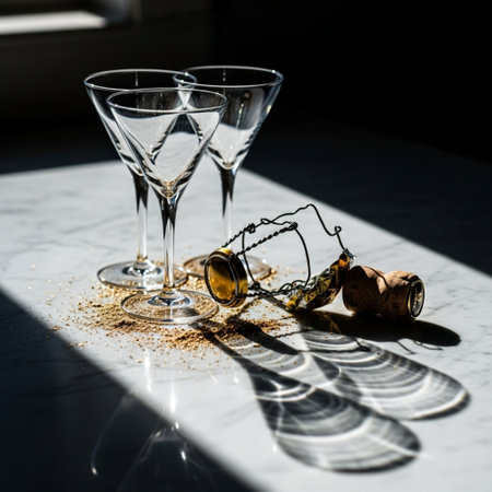 Wine glasses with corks and cork on a marble tableの素材