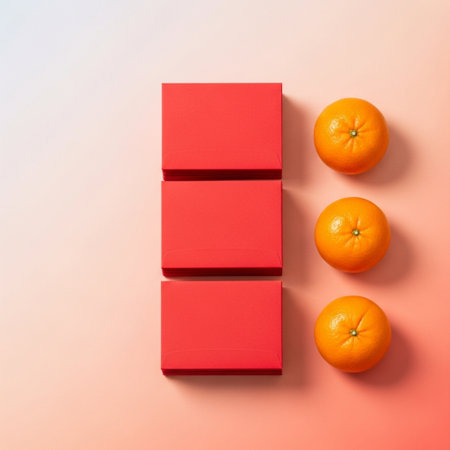 Red gift box and tangerines on orange background. Top viewの素材