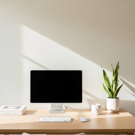 Modern workspace with blank computer screen, coffee cup, stationery and plant. Mock up, 3D Renderingの素材