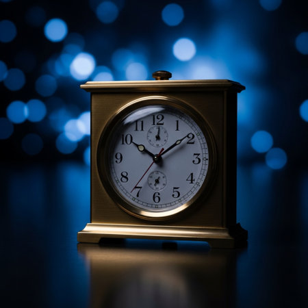 Retro alarm clock on a blue bokeh background. Time concept.の素材