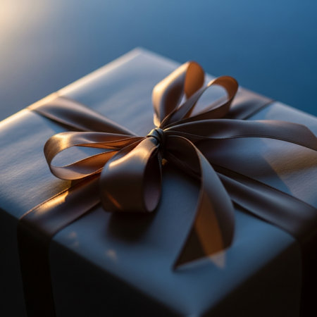 Gift box with gold ribbon on blue background, closeup.の素材