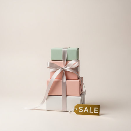 Gift boxes with a sale sign on a light background. Sale concept.の素材