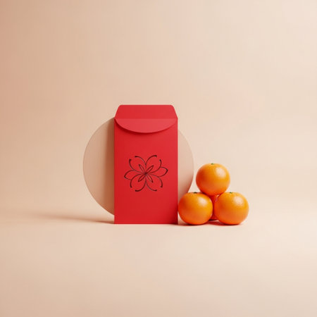 Mockup of red envelope with mandarins on pastel backgroundの素材