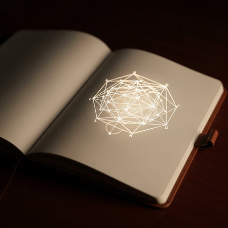 Opened notebook with glowing network hologram. 3D Renderingの素材