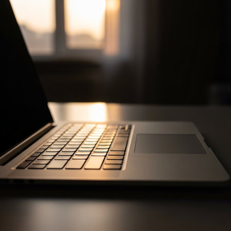 Laptop with blank screen on the table in the morning light.の素材