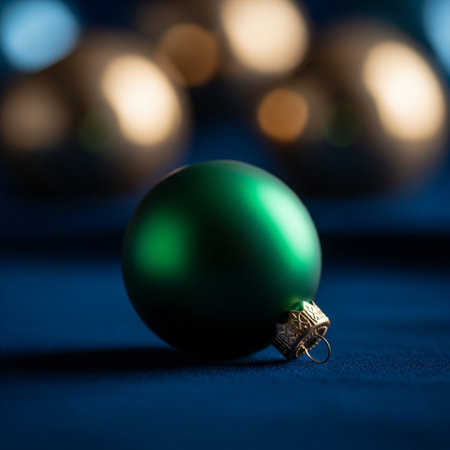 Green christmas ball on a blue background with golden bokehの素材