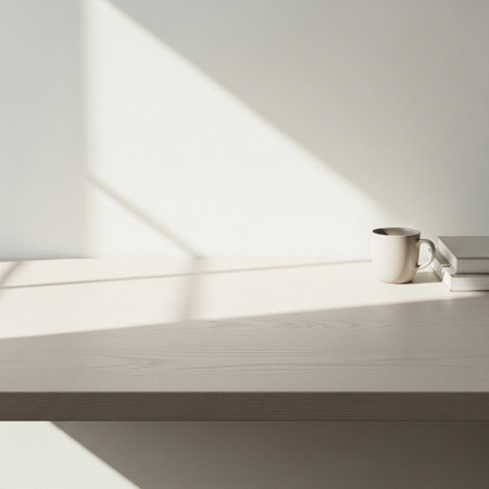 Cup of coffee on white table in sunlight. 3D renderingの素材