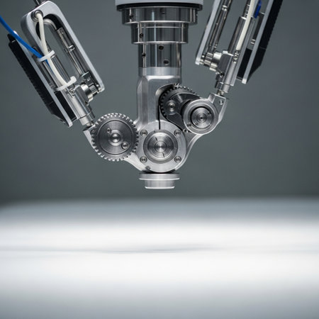 Robotic arm, close up. Industrial background. 3d renderingの素材