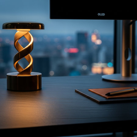 Lamp and notebook on wooden table with blurry cityscape background.の素材