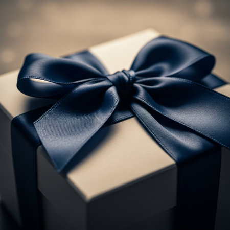 Gift box with blue bow on wooden background - vintage effect style picturesの素材