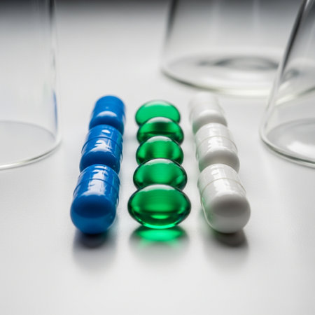 Pharmacy and chemistry lab test-tubes with colorful pillsの素材