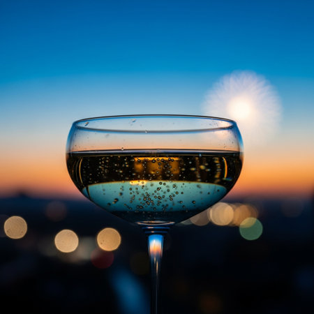 Glass of white wine on a background of the city at sunset.の素材