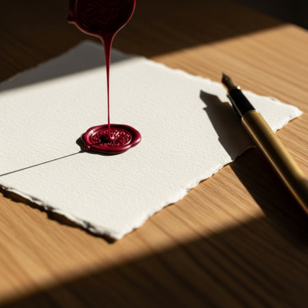Red wax seal on a piece of paper with a fountain pen.の素材