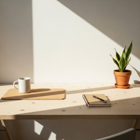 Close up of modern workplace with coffee cup, smartphone and plant on wooden tableの素材