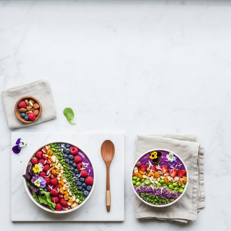 Healthy breakfast bowl with oatmeal, berries and nuts on white marble backgroundの素材