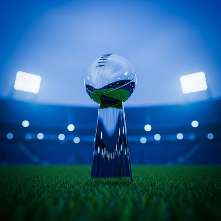 Soccer ball on green grass in stadium at night. 3D renderingの素材