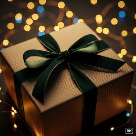 Gift box with green ribbon and bokeh lights on backgroundの素材