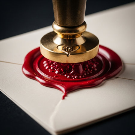 Red wax seal stamp with wax seal and wax seal on envelope.の素材