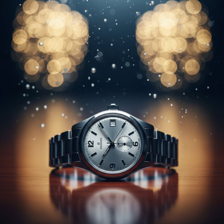 Wristwatch on wooden table with bokeh lights background.の素材