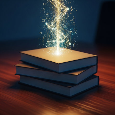 Books with glowing lines on wooden table. Education concept. 3D Renderingの素材