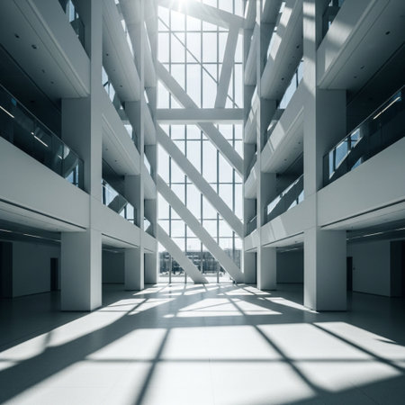 Abstract interior of modern office building with sunlight. 3D Renderingの素材