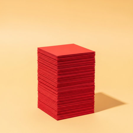 Stack of red paper cards on yellow background. 3D rendering.の素材