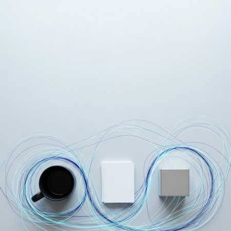 Coffee cup and white cubes on blue background. Top view.の素材