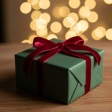 Green gift box with red ribbon on wooden table in front of defocused lightsの素材