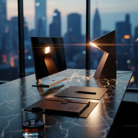 Laptop on table in modern office with city view. 3D Renderingの素材