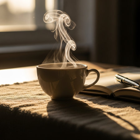 Cup of coffee with notebook and pen on window sill in sunlightの素材