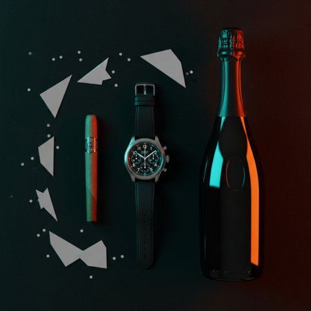 Flat lay composition with bottle of champagne and wristwatch on dark backgroundの素材