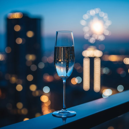 Glass of champagne on the background of the city and the evening skyの素材