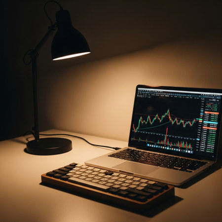 Laptop computer with stock market chart on screen and lamp on table.の素材