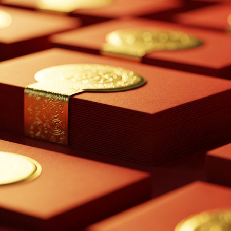 chinese gold ingots on red background, closeup of photoの素材