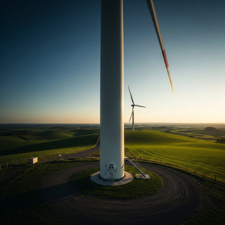Aerial view of a wind turbine in a field at sunset.の素材