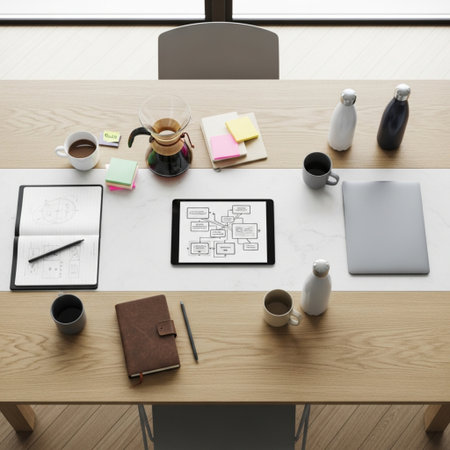 Top view of modern office workplace with digital tablet, coffee cup and other items. Mock upの素材