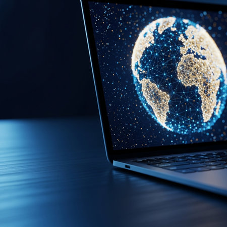 Laptop with world map on screen. Global business concept. 3D Renderingの素材