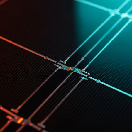 Solar panel close up. Abstract background with blue and red light.の素材