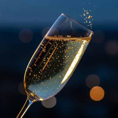 Champagne glass with splashes and bokeh in the backgroundの素材