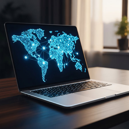 Laptop with digital world map on screen. 3d rendering.の素材