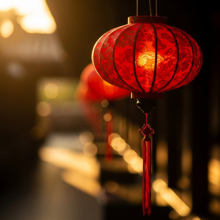 Red Chinese lanterns on the background of the window at night.の素材