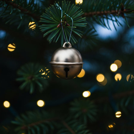 Christmas decoration on the branches of a Christmas tree with lights and bokehの素材