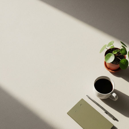 Creative flat lay photo of workspace desk with coffee cup, stationery and plant. Top view with copy spaceの素材