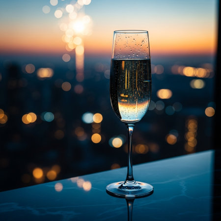 Champagne glass on the background of the city and the sunset.の素材