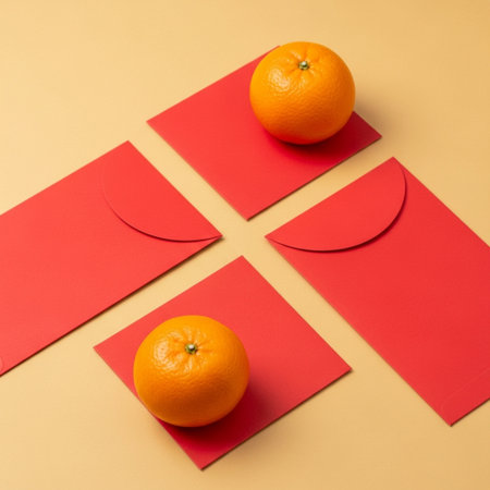 top view of red envelopes with mandarins on beige backgroundの素材