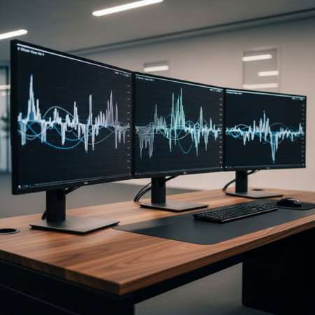 Modern computer monitors with stock market chart on screen. Finance and trade concept. 3D Renderingの素材