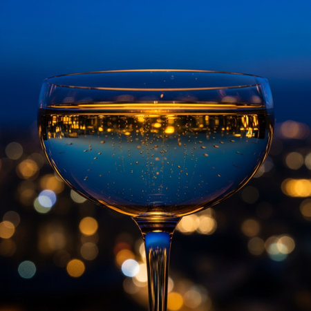 Glass of white wine against the background of the night cityscape.の素材